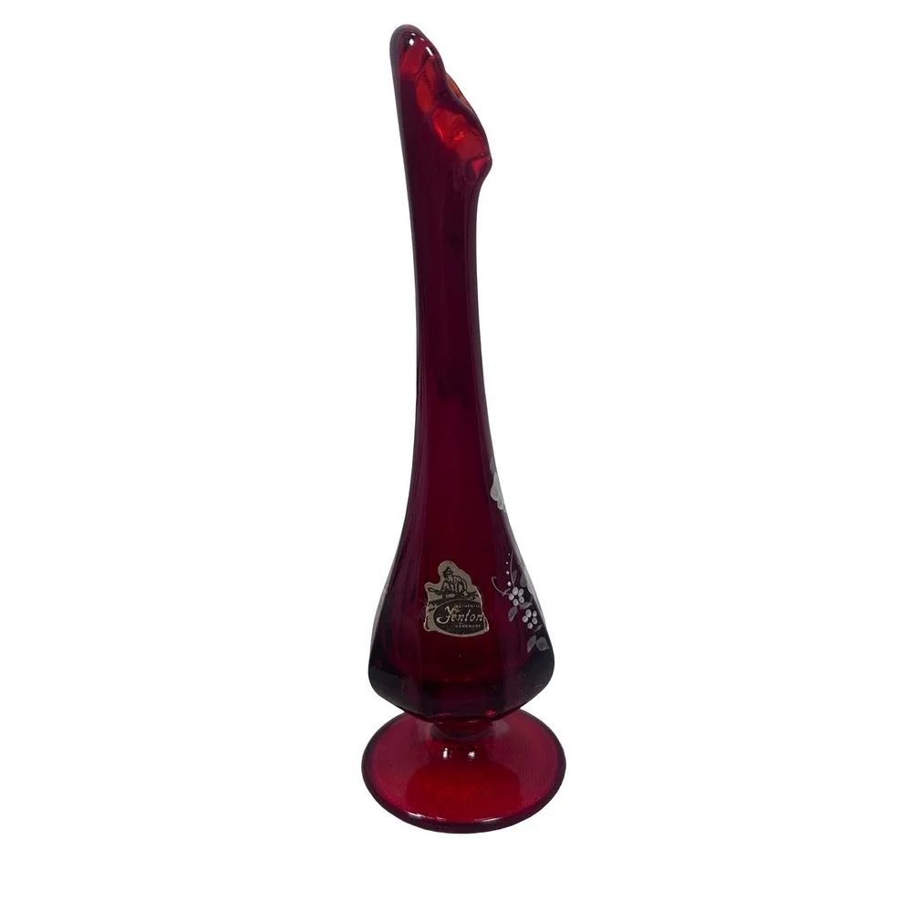 Vintage Fenton Ruby Red Glass Swung Bud Vase Hand Painted White Roses MCM 10in